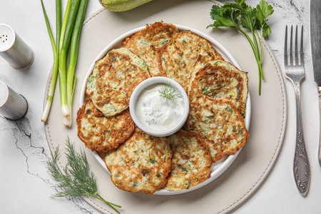 Plate of tasty zucchini fritters with sour cream on white marble backgroundの写真素材