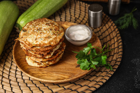 Plate of tasty zucchini fritters with sour cream on black backgroundの写真素材