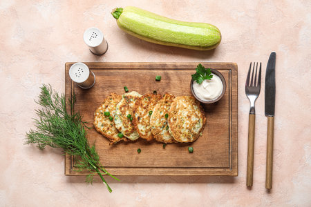 Wooden board of tasty zucchini fritters with sour cream on light backgroundの写真素材