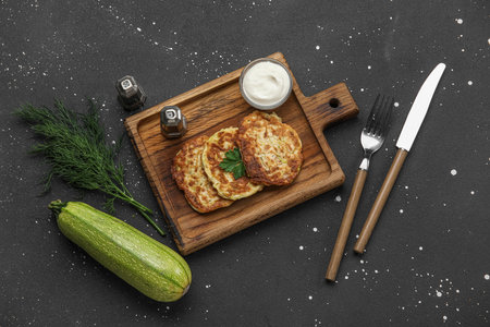 Wooden board of tasty zucchini fritters with sour cream on grunge backgroundの写真素材