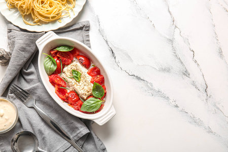 Baking dish with tasty tomatoes and feta cheese on white marble backgroundの写真素材
