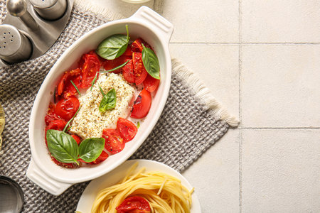 Baking dish with tasty tomatoes, feta cheese and pasta on white tile backgroundの写真素材