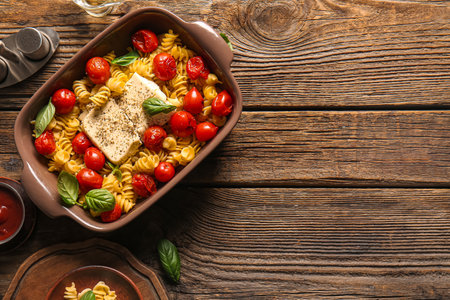 Baking dish of tasty pasta with tomatoes and feta cheese on wooden backgroundの写真素材