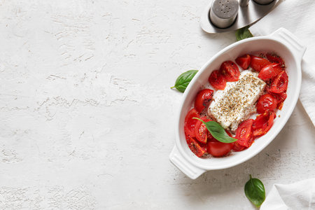 Baking dish with tasty tomatoes and feta cheese on light backgroundの写真素材