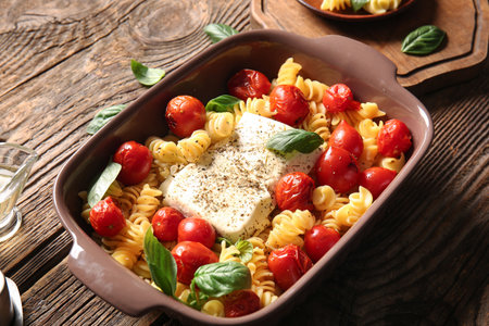 Baking dish of tasty pasta with tomatoes and feta cheese on wooden backgroundの写真素材