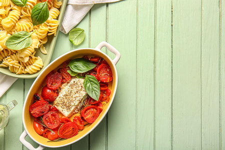 Baking dish with tasty tomatoes, feta cheese and pasta on green wooden backgroundの写真素材