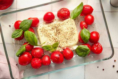 Baking dish with tasty tomatoes and feta cheese on white tile backgroundの写真素材
