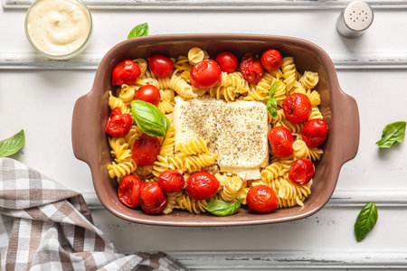 Baking dish of tasty pasta with tomatoes and feta cheese on white wooden backgroundの写真素材