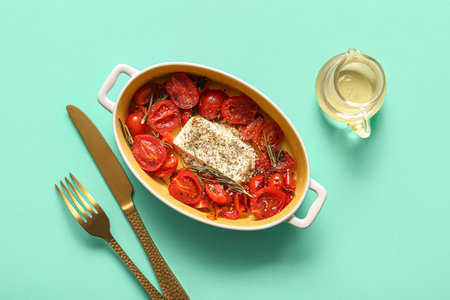 Baking dish with tasty tomatoes and feta cheese on turquoise backgroundの写真素材