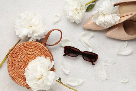 Composition with female sunglasses, bag, high heels and beautiful peony flowers on light backgroundの写真素材
