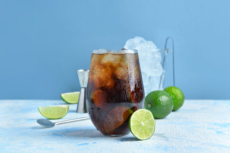 Glass of cold Cuba Libre cocktail on blue background