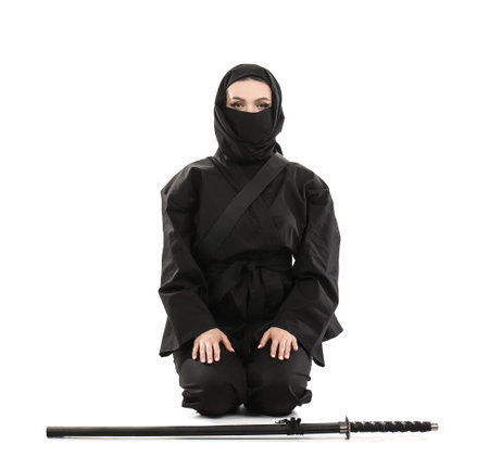 Female ninja with sword on white backgroundの写真素材