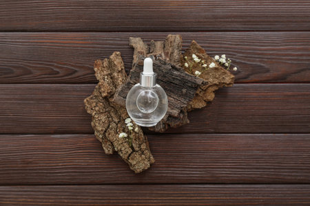 Bottle of cosmetic oil with eucalyptus twig and tree bark on brown wooden background