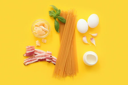 Ingredients for tasty pasta carbonara on yellow backgroundの写真素材