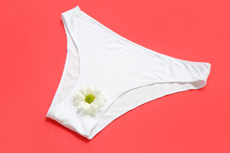 Female panties with chamomile flower on red background