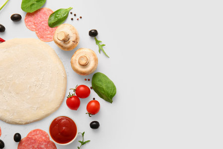 Raw dough and ingredients for preparing pizza on white backgroundの写真素材