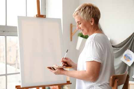 Mature female artist painting picture in workshopの写真素材
