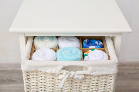 Drawer with basket of different socks, closeupの写真素材