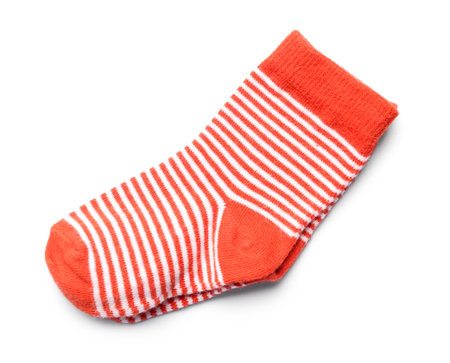 Red baby sock isolated on white backgroundの写真素材
