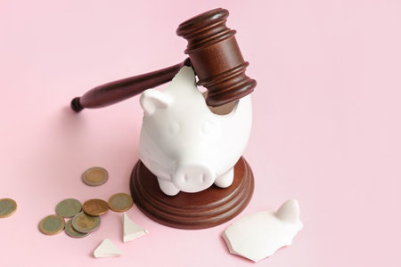 Broken piggy bank with judge gavel and money on pink background. bankruptcy conceptの写真素材