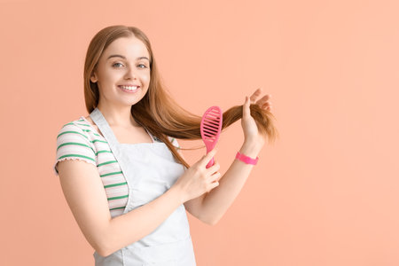 Female hairdresser brushing hair on pink backgroundの写真素材