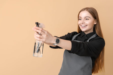 Female hairdresser with spray on beige backgroundの写真素材
