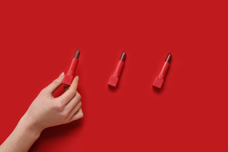 Woman with lipsticks on red backgroundの写真素材