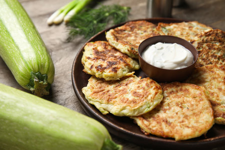 Plate of tasty zucchini fritters with sour cream on wooden backgroundの写真素材