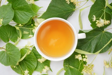 Cup of linden tea and leaves on white backgroundの写真素材