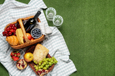 Wicker basket with tasty food for picnic, wine and glasses on green backgroundの写真素材
