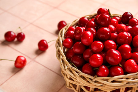Wicker bowl with sweet cherry on pink tile backgroundの写真素材