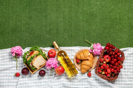 Composition with tasty food for picnic, wine and peony flowers on green backgroundの写真素材