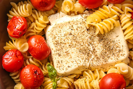 Tasty pasta with tomatoes and feta cheese in baking dish, closeupの写真素材