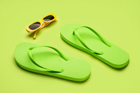 Green flip-flops with sunglasses on color backgroundの写真素材