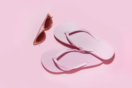 Pink flip-flops with sunglasses on color backgroundの写真素材