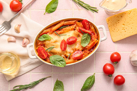 Baking dish of pasta with tomato sauce and cheese on pink tile backgroundの写真素材