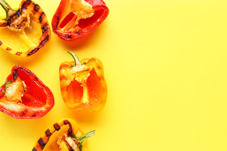 Halves of tasty grilled bell pepper on yellow backgroundの写真素材