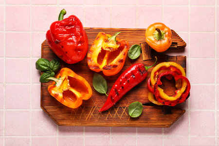 Wooden board with tasty grilled peppers on pink tile backgroundの写真素材