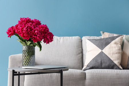 Vase of red peonies with coffee table and couch near blue wallの写真素材