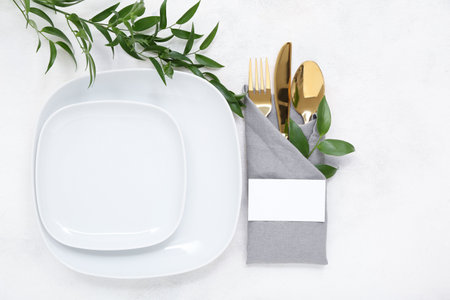 Beautiful table setting with clean plates, cutlery and plant branches on white tableの写真素材