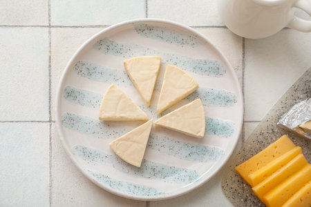 Plate with triangles of tasty processed cheese on light tile backgroundの写真素材