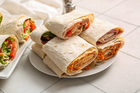 Plate of tasty lavash rolls with vegetables on white tile backgroundの写真素材