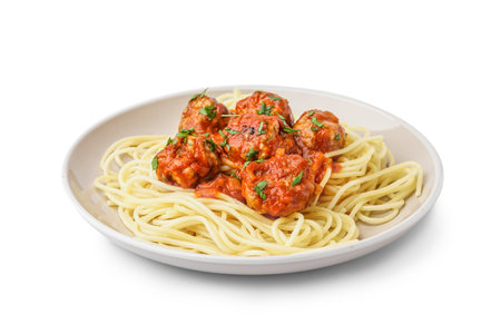 Plate of boiled pasta with tomato sauce and meat balls on white backgroundの写真素材