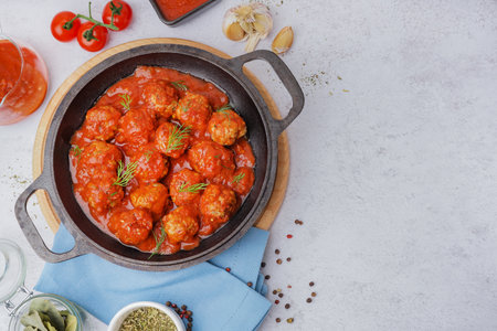 Frying pan of tasty meat balls with tomato sauce and dill on white backgroundの写真素材