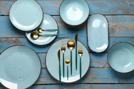 Clean plates with set of golden cutlery on blue wooden tableの写真素材