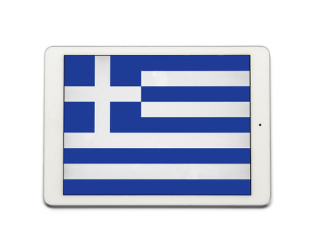 Tablet computer with flag of Greece isolated on white backgroundの写真素材