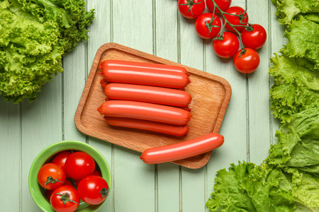 Board with tasty thin sausages and lettuce on green wooden backgroundの写真素材