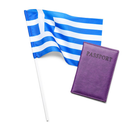Flag of Greece and passport isolated on white backgroundの写真素材