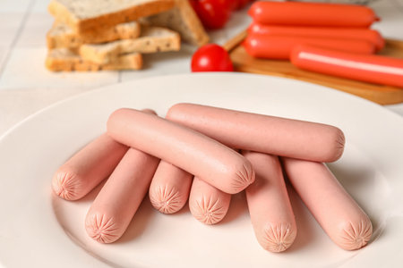 Plate with tasty thin sausages and tomatoes, closeupの写真素材