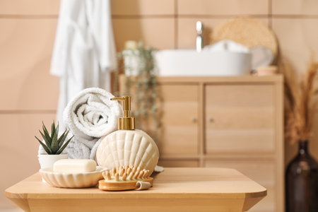 Soap dispenser, bar, massage brush, rolled towels and houseplant on wooden table in bathroom, closeupの写真素材
